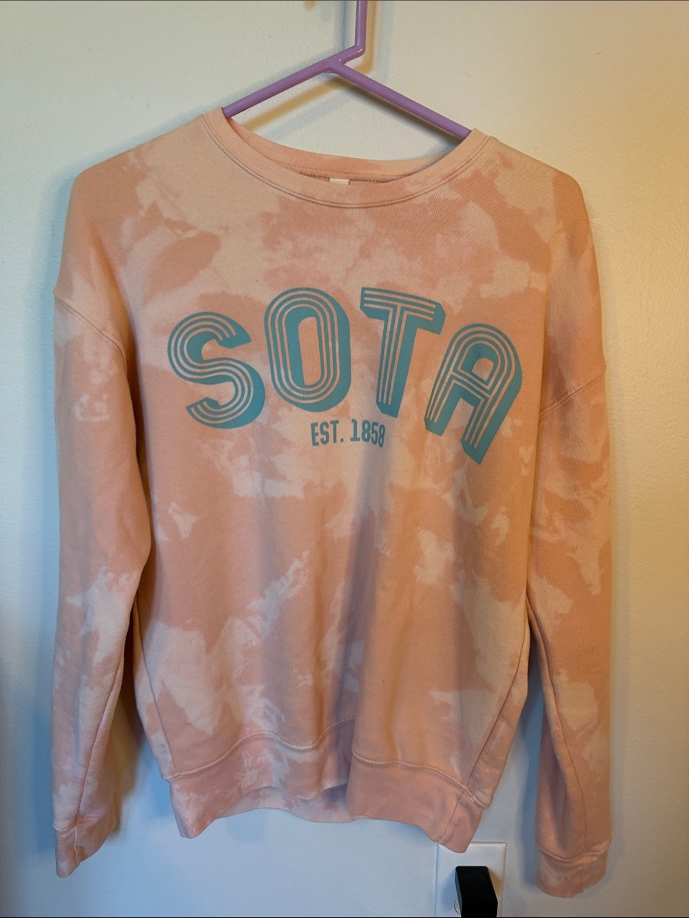 Bella Canvas Peach Tie-Dye Crewneck with Teal SOTA Logo, Size M